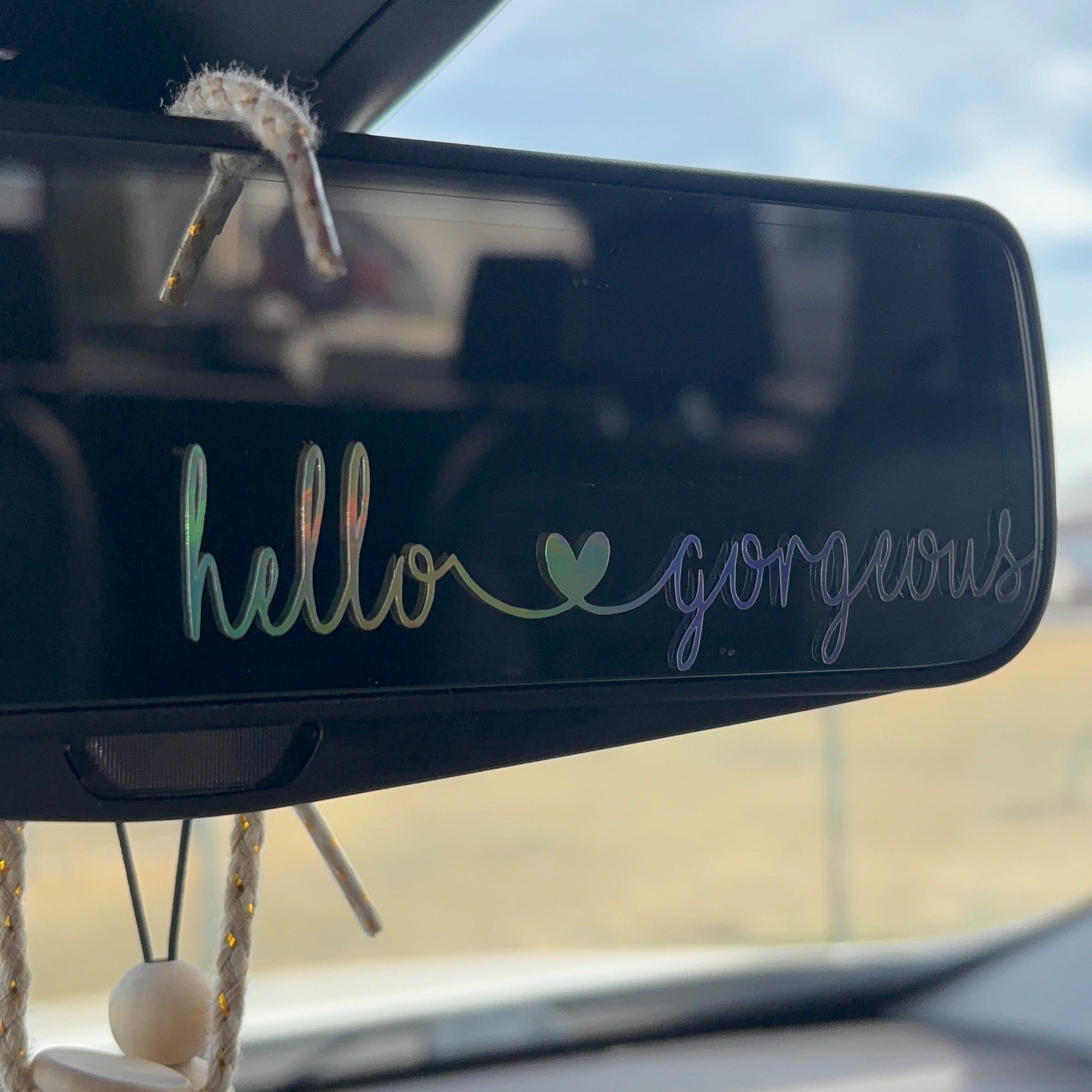Hello Gorgeous Holographic Rearview Mirror Decal | Small Car Mirror Sticker | Cute Car Accessories | Rainbow Vinyl Decal