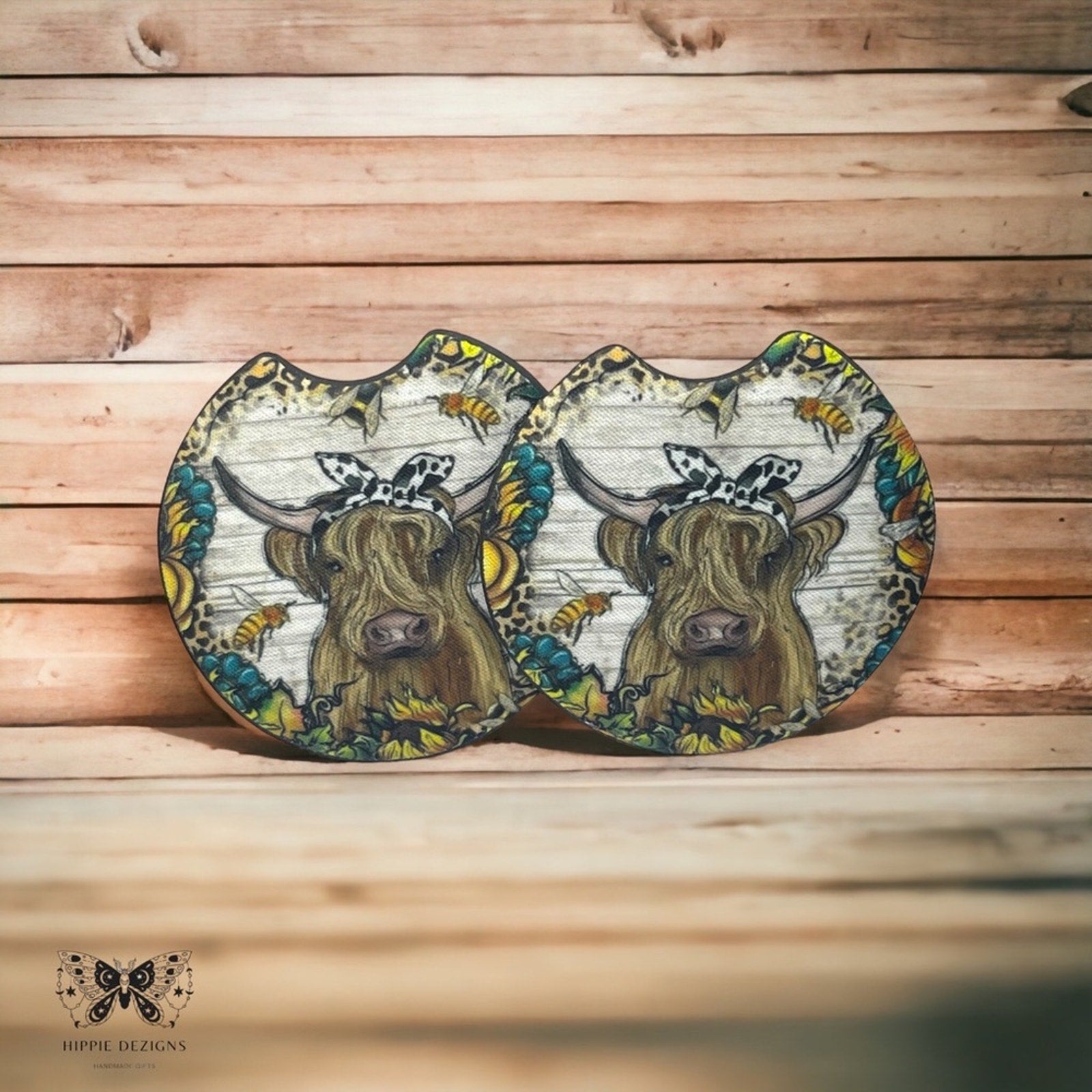 Western Highland Cow Car Coaster 2 Pack