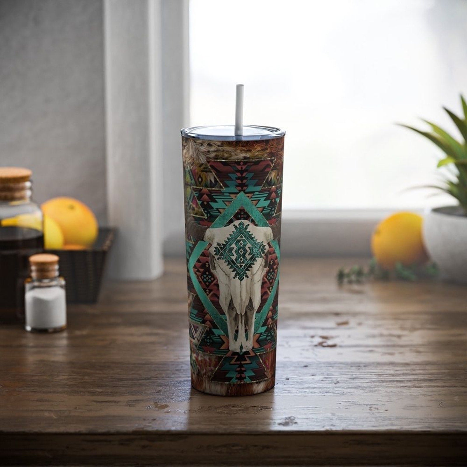 Boho Rams Head 20oz Steel Tumbler With Lid & Straw