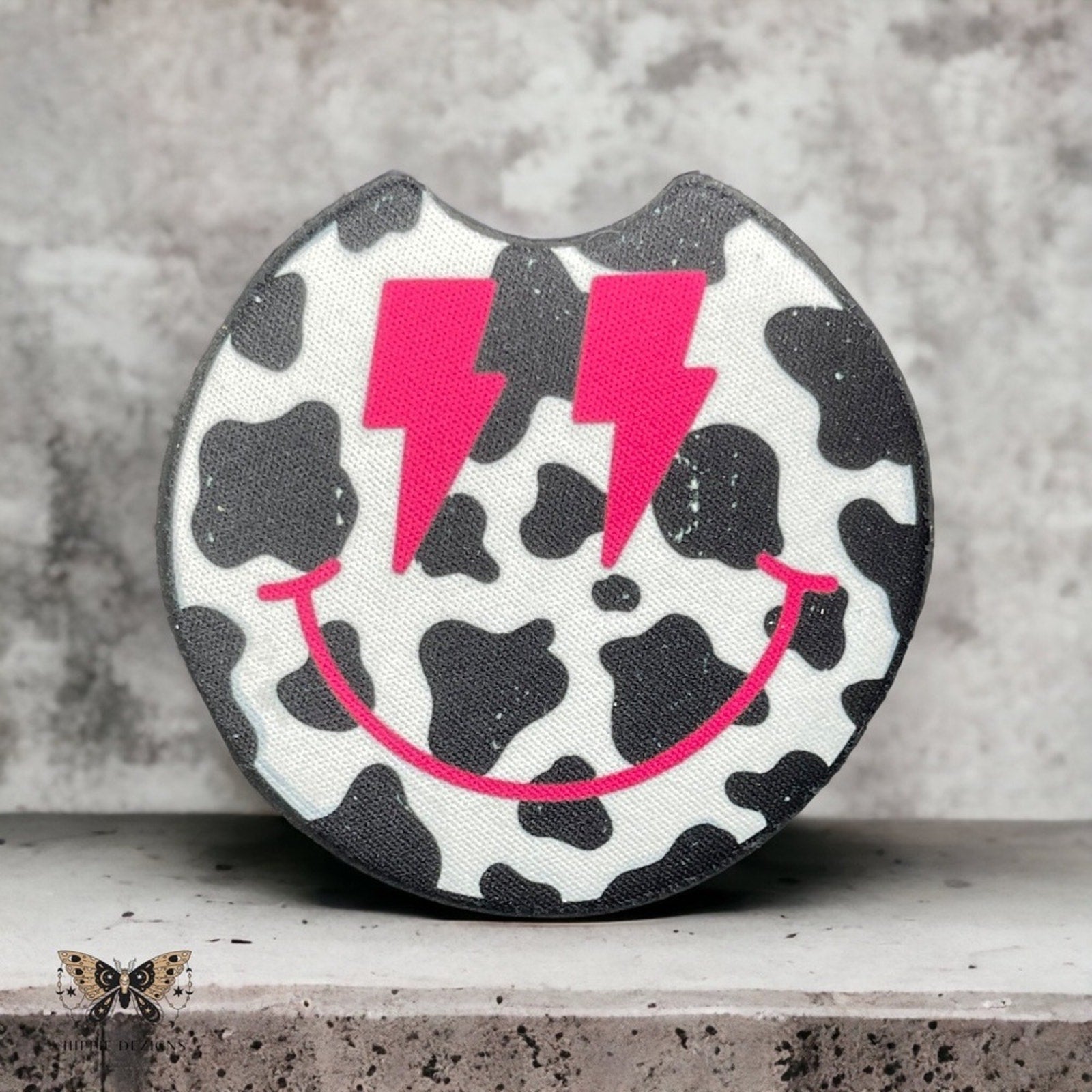 Cow Print Lightning Smiley🐮 Car Coaster 2 Pack