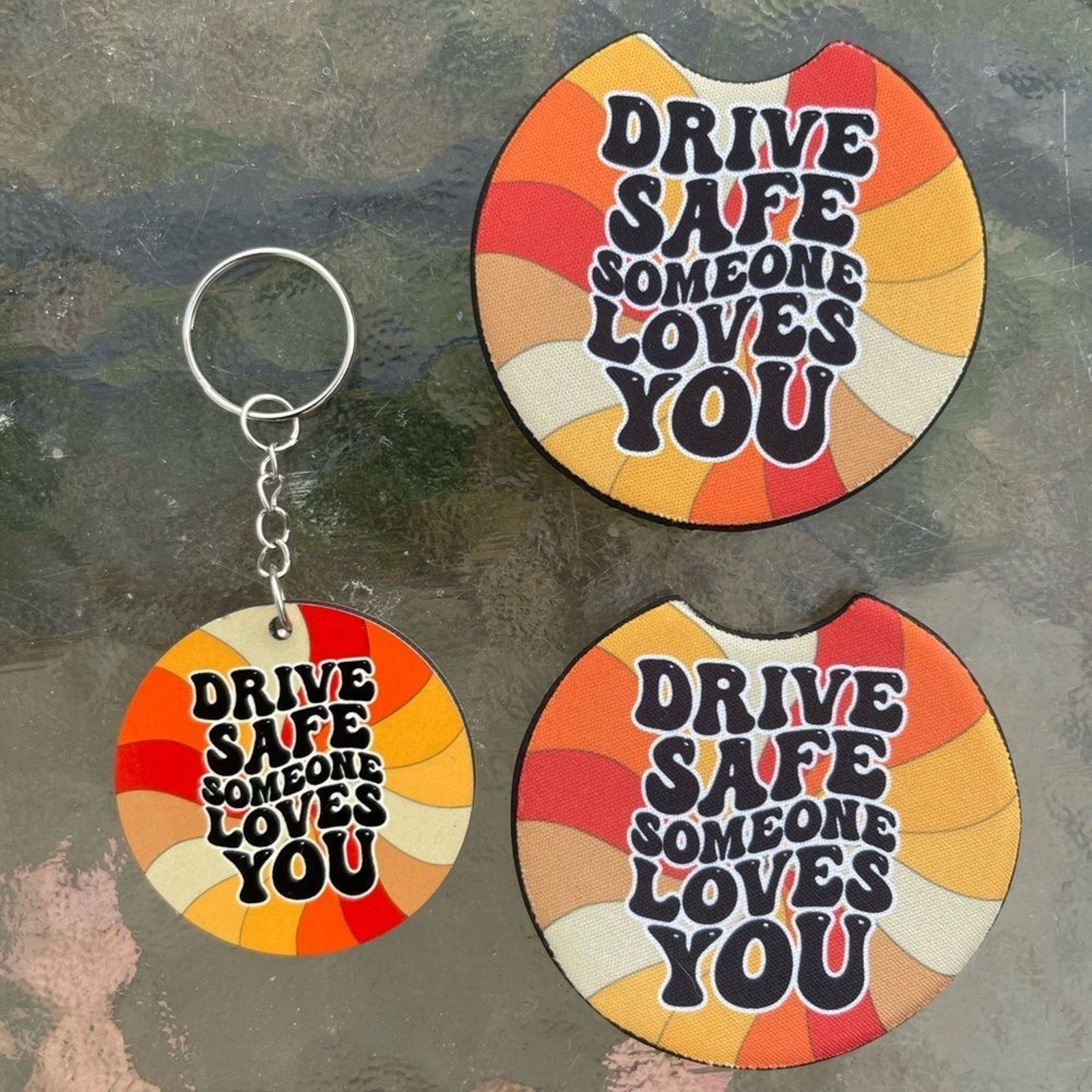 Boho Drive Safe Car Coaster & Keychain Set | Car Accessories | Car Decor