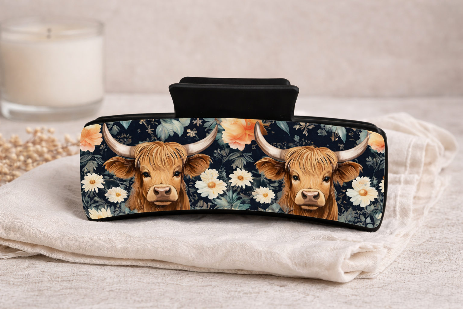 Floral Highland Cow Hair Claw Clip