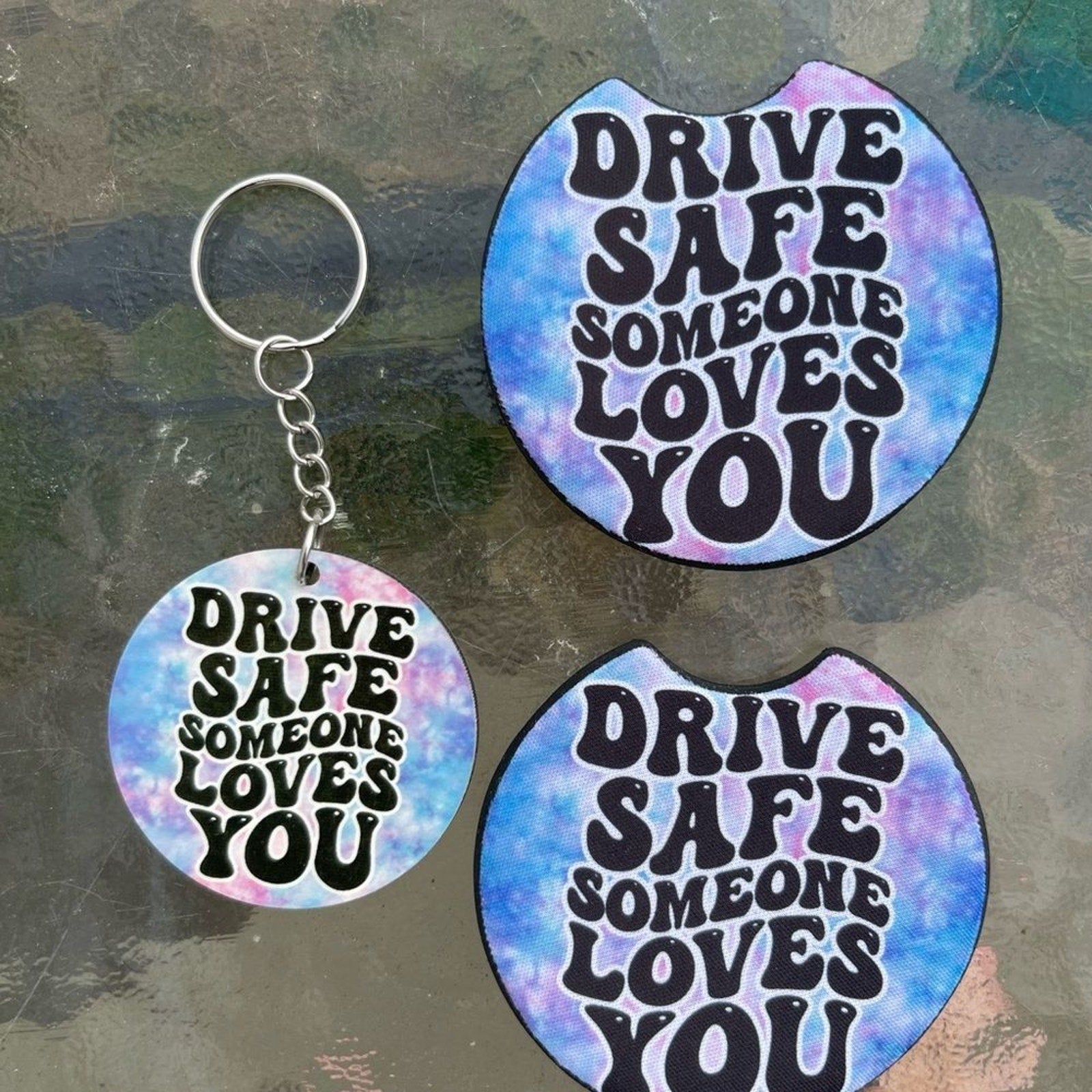 Tie Dye Drive Safe Car Coaster & Keychain Set | Tie Dye Car Accessories