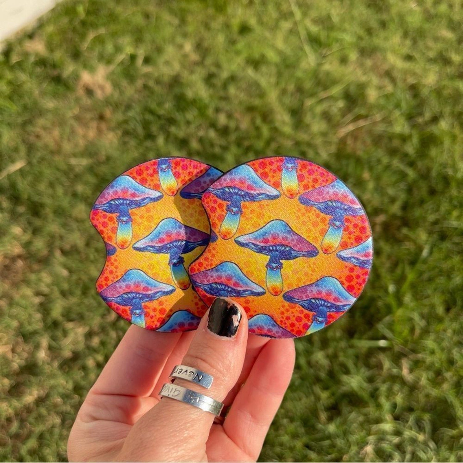Boho Mushroom Car Coasters | Neoprene Cup Holder Coasters | Colorful Psychedelic Car Accessories | Set of 2 | Fits Standard Cup Holders