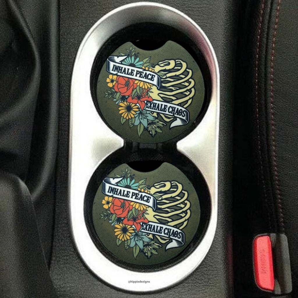 Inhale Peace Floral Skeleton Car Coasters