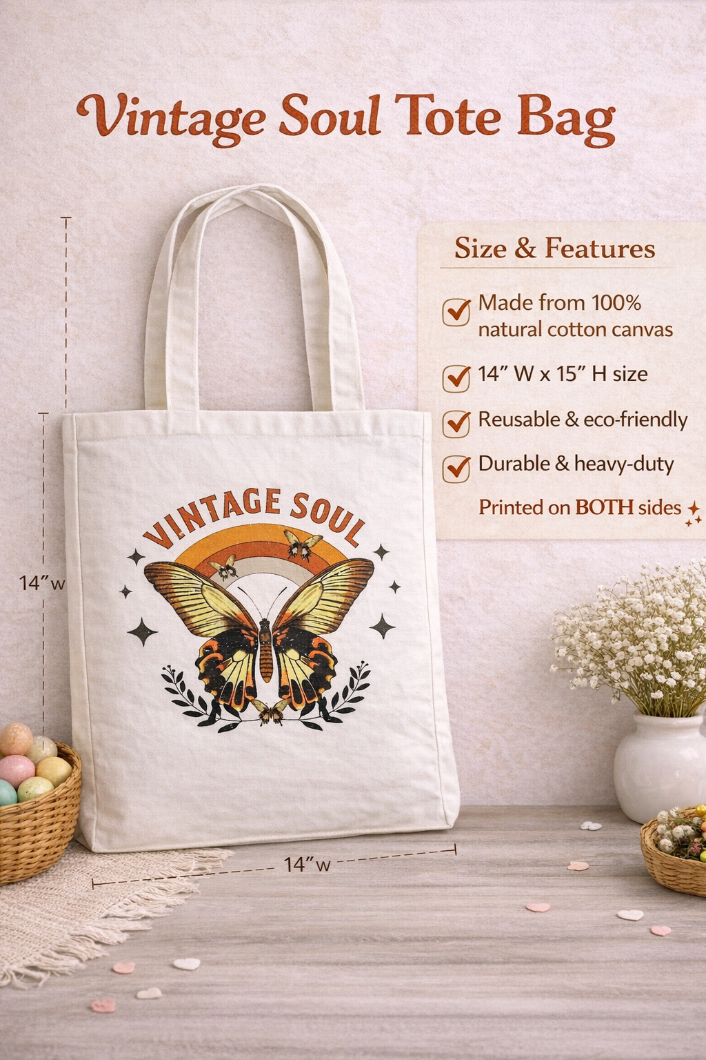 Vintage Soul tote bag with butterfly design on a wooden surface with decorative elements.