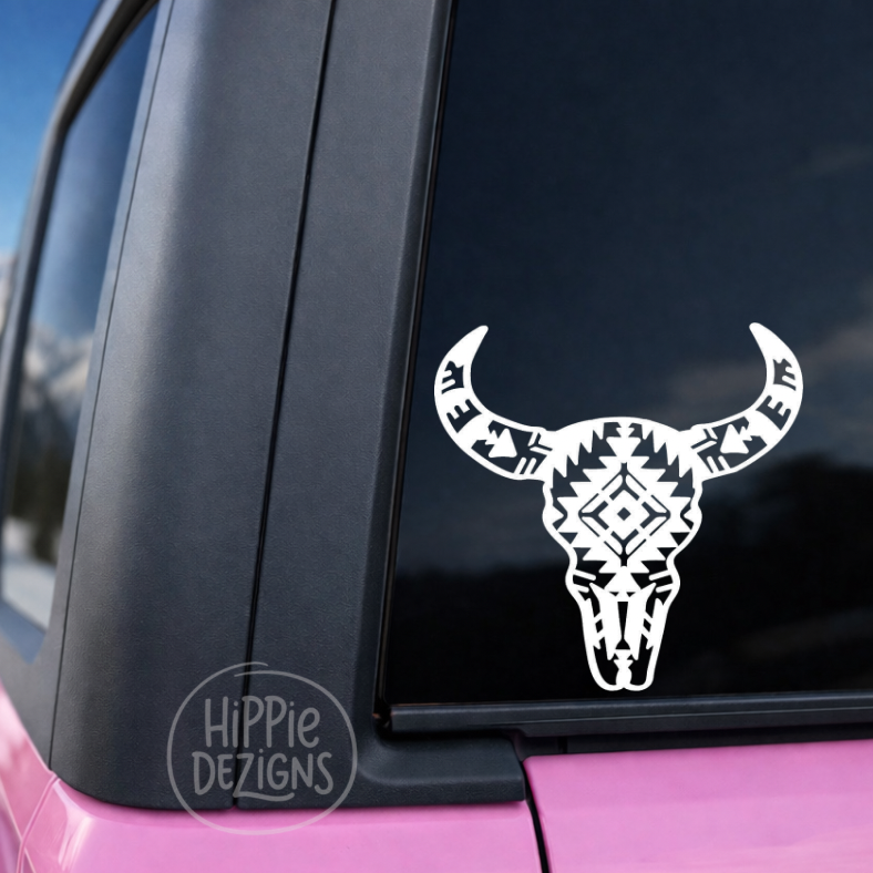 Boho Aztec Cow Skull Vinyl Decal | Western Car Window Sticker | Tribal Bull Skull Decal | Waterproof | Multiple Sizes & Colors