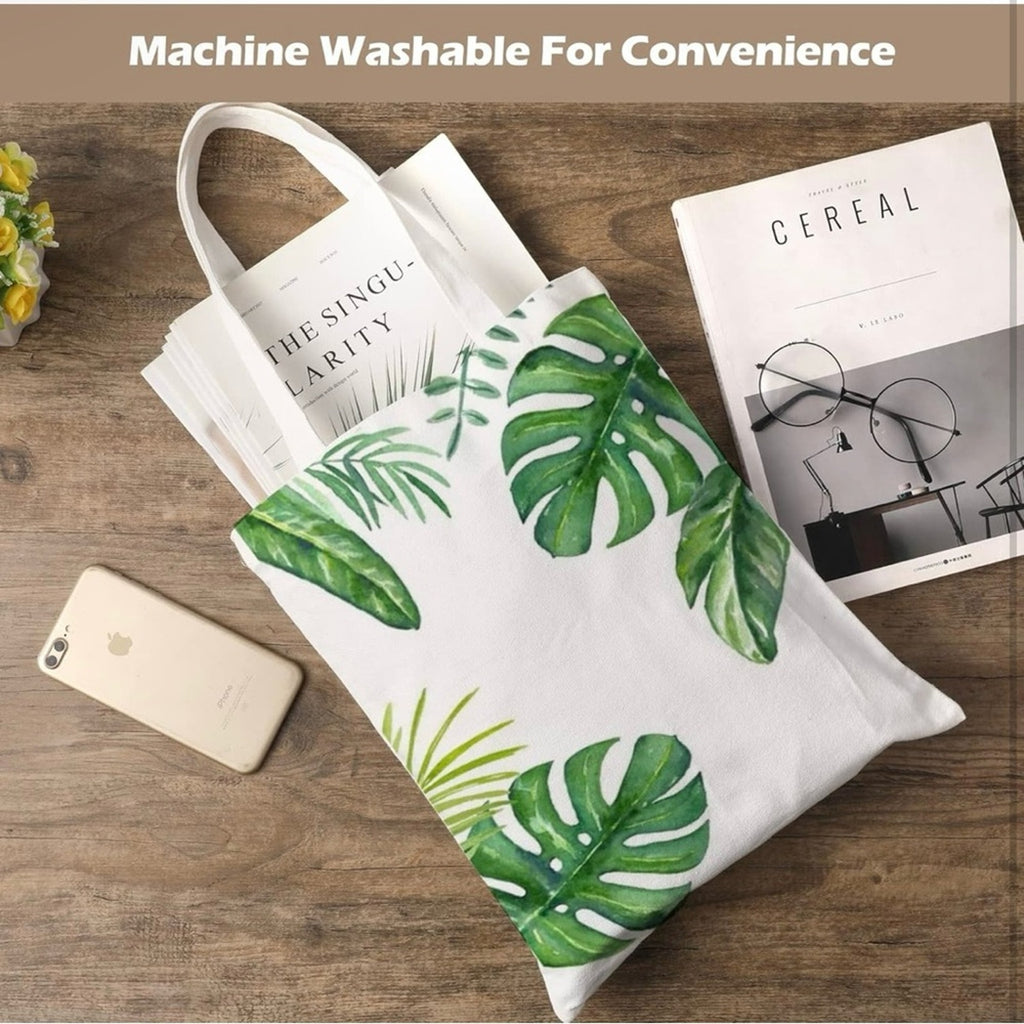 White Tote Bag with Plant and Skeleton Design