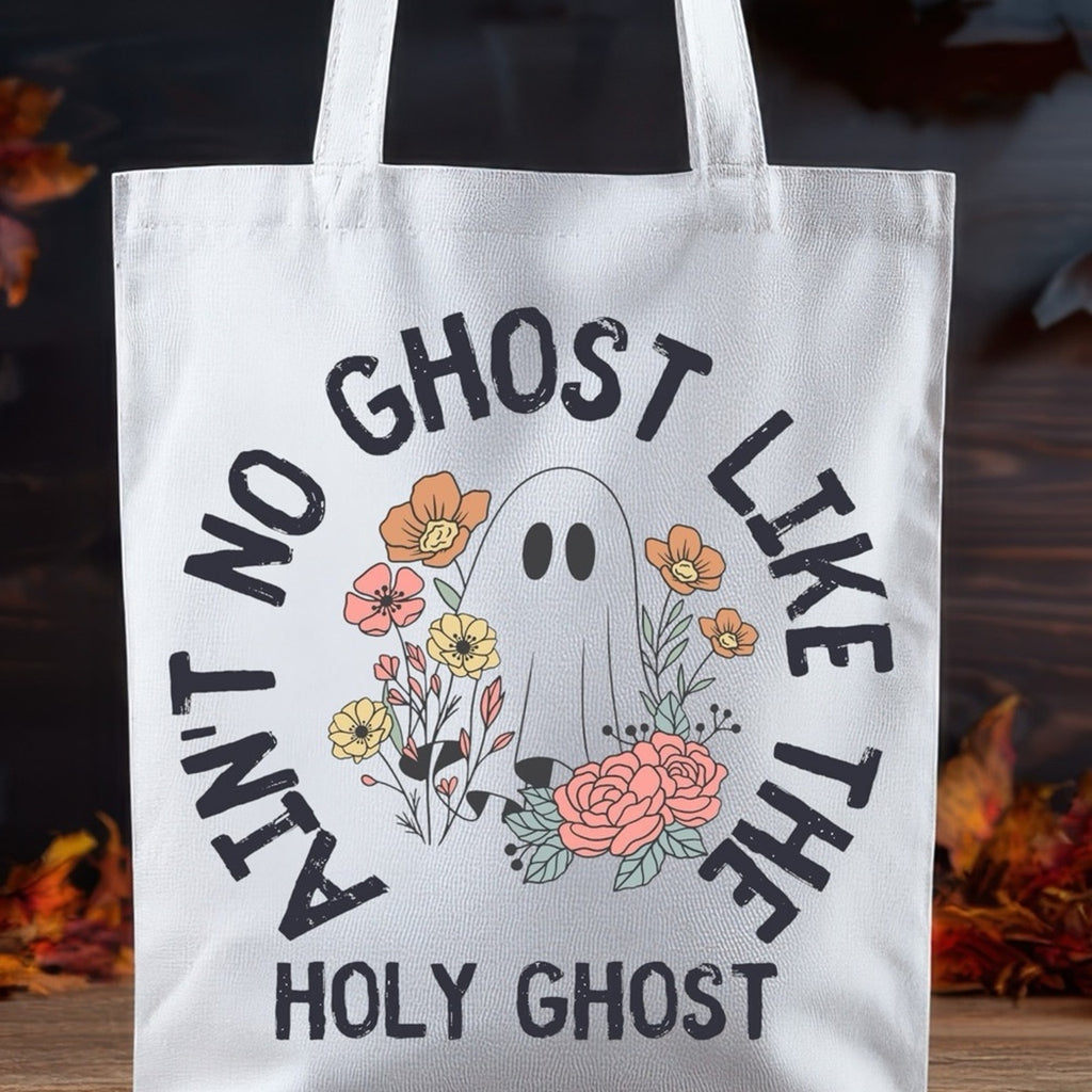 Christian White Tote Bag with Holy Ghost and Floral Design