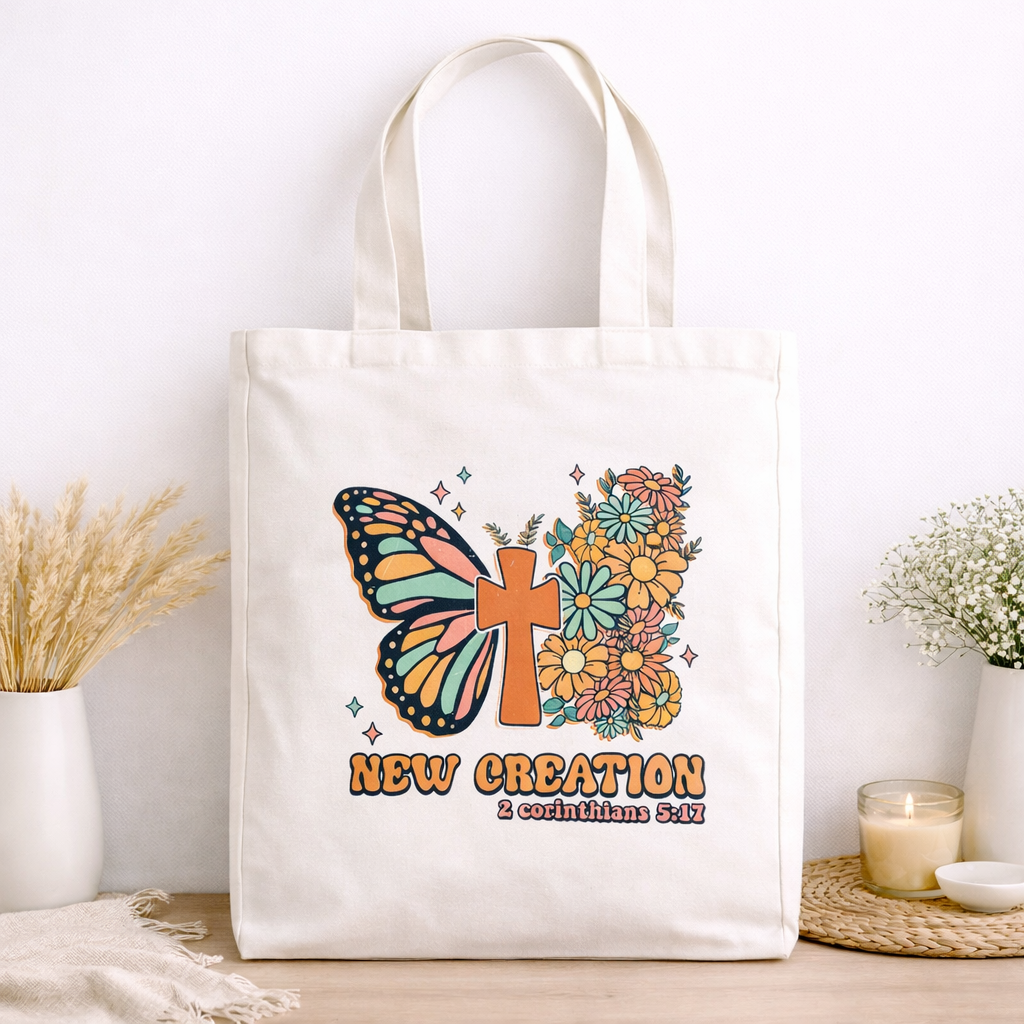New Creation Canvas Tote Bag | 2 Corinthians 5:17 Christian Tote | Butterfly Cross Floral Bag | Faith-Based Gift for Women | Double-Sided Tote