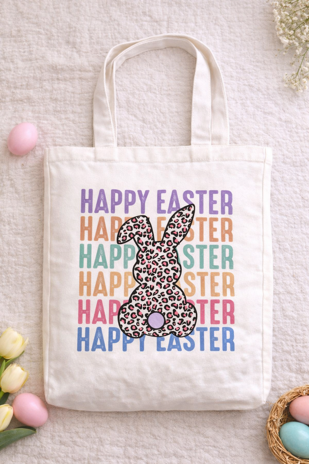 Happy Easter Bunny Tote Bag | Leopard Print Easter Tote | Retro Colorful Easter Bag | Spring Canvas Tote | Easter Gift Bag for Women & Kids