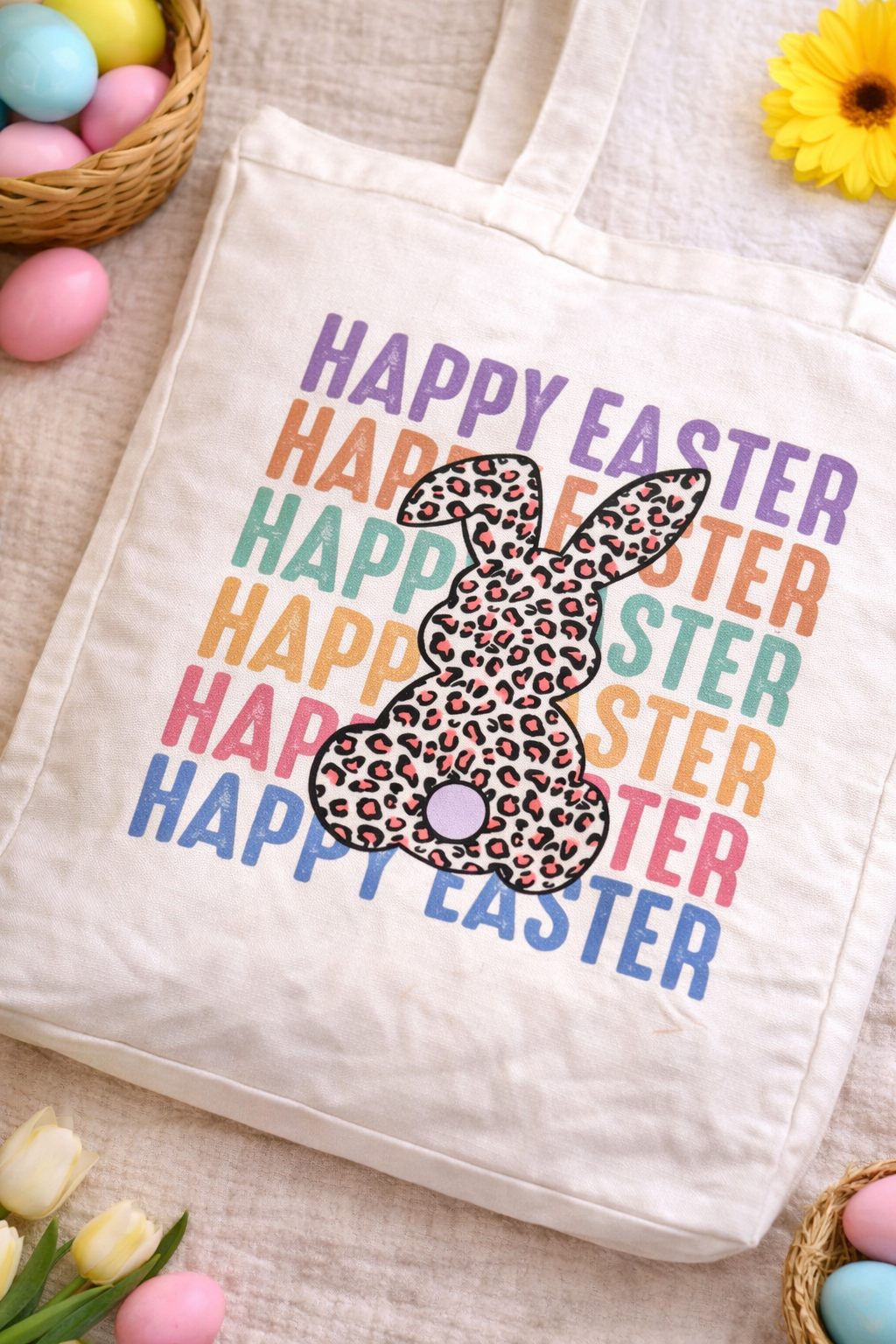 Happy Easter Bunny Tote Bag | Leopard Print Easter Tote | Retro Colorful Easter Bag | Spring Canvas Tote | Easter Gift Bag for Women & Kids