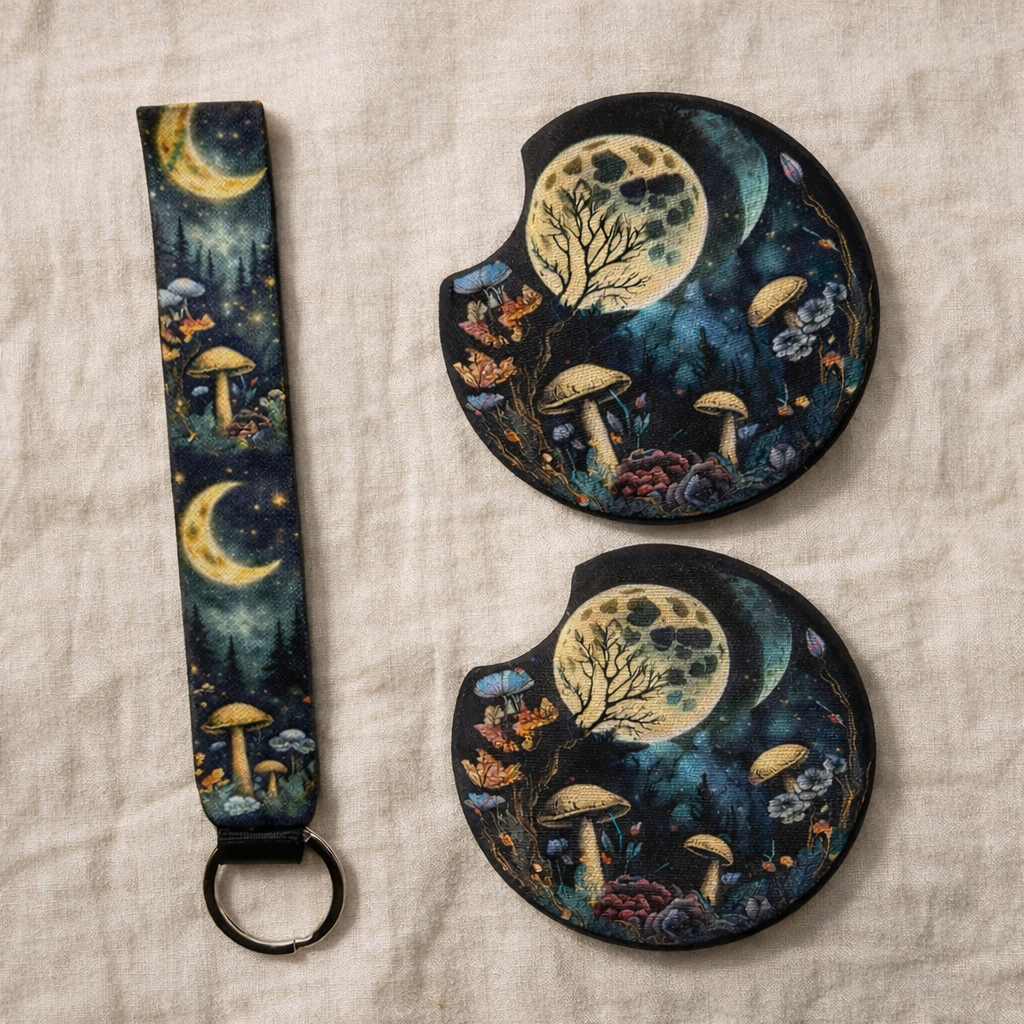 Moonlit Mushroom Car Coasters & Keychain Set | Boho Forest Car Accessories | Handmade Car Cup Holder Coasters