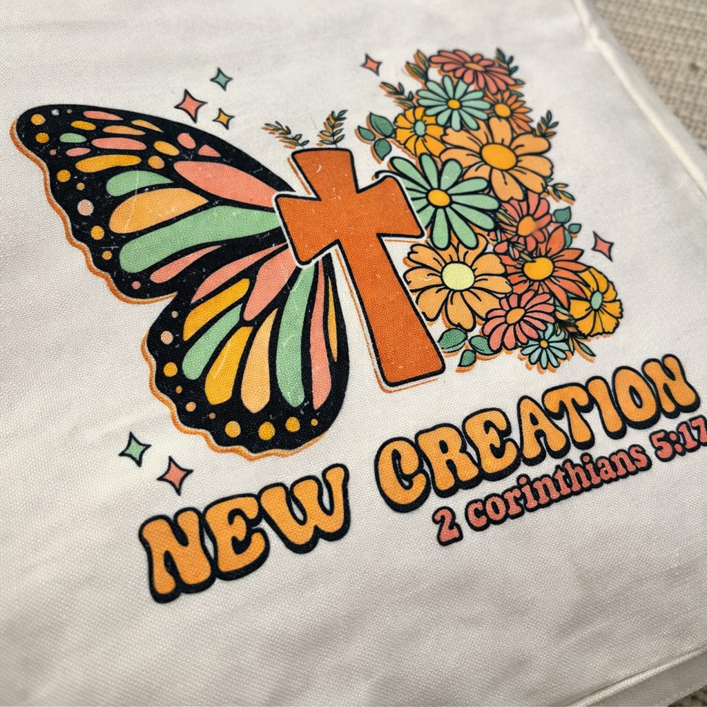 New Creation Canvas Tote Bag | 2 Corinthians 5:17 Christian Tote | Butterfly Cross Floral Bag | Faith-Based Gift for Women | Double-Sided Tote