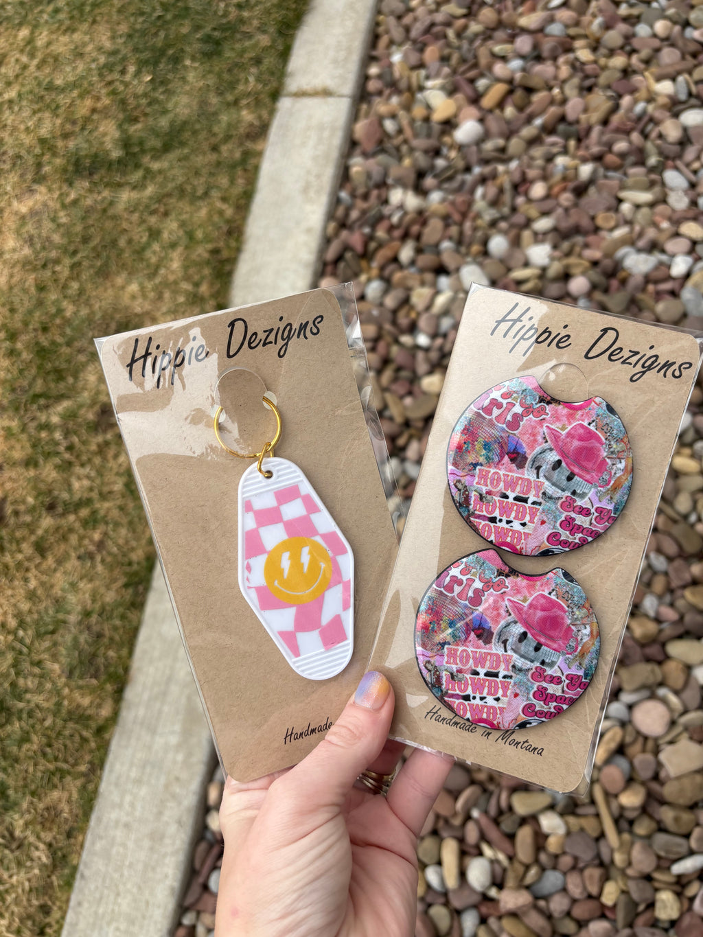 Pink Western Cowgirl Car Coaster & Smiley Motel Keychain Bundle | Handmade Neoprene Car Accessories Set | Hippie Dezigns