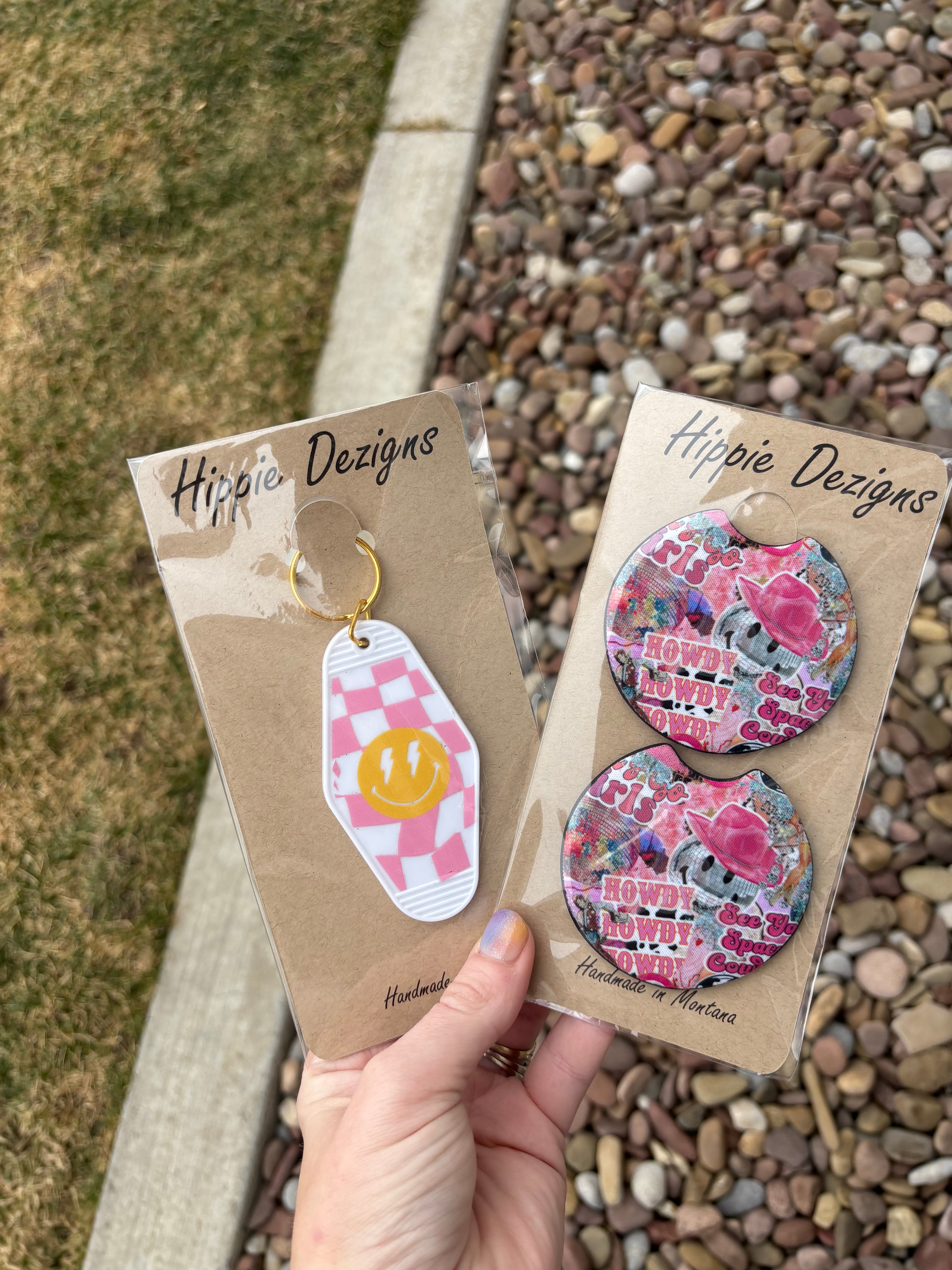 Pink Western Cowgirl Car Coaster & Smiley Motel Keychain Bundle | Handmade Neoprene Car Accessories Set | Hippie Dezigns
