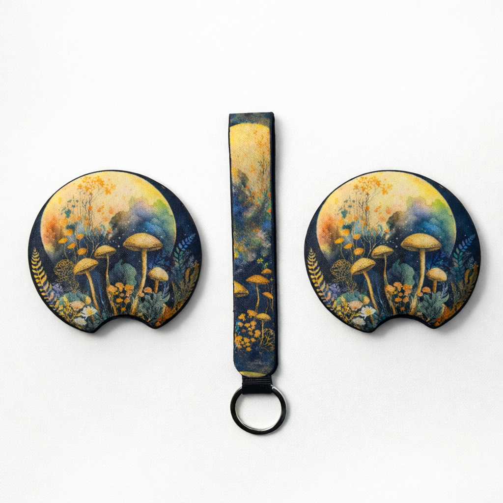 Boho Mushroom Car Coaster Set + Keychain | Moon Mushroom Car Accessories | Hippie Car Decor