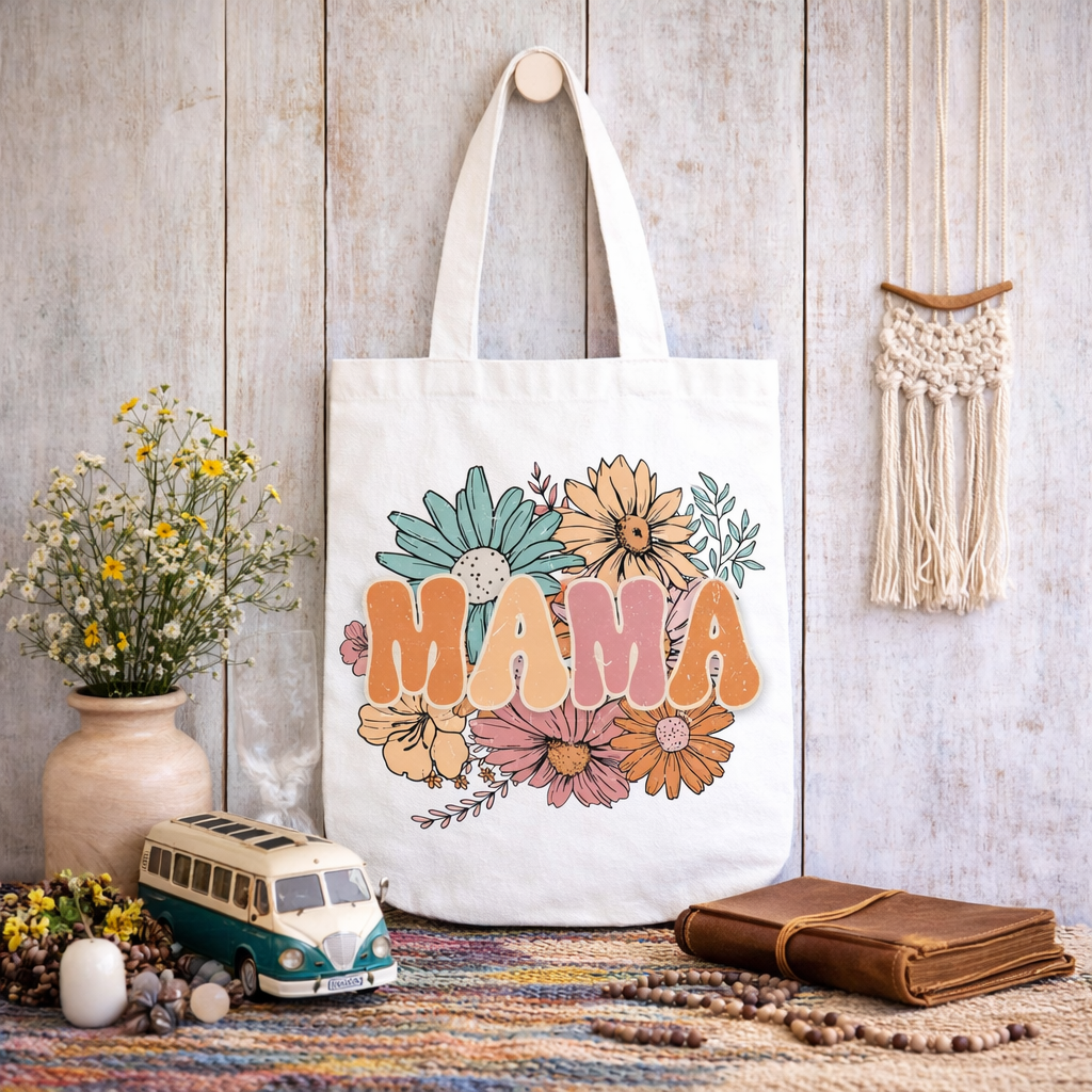 Boho MAMA Floral Tote Bag | Retro Mom Gift | Cute Everyday Canvas Bag | Hippie Style Market Tote