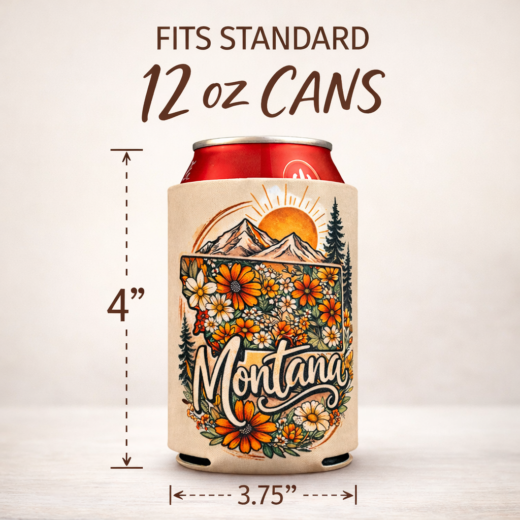 Montana Wildflower Mountain Can Koozie – Handmade Boho Montana Drink Sleeve | Insulated Neoprene Beer & Soda Holder | Montana Gift