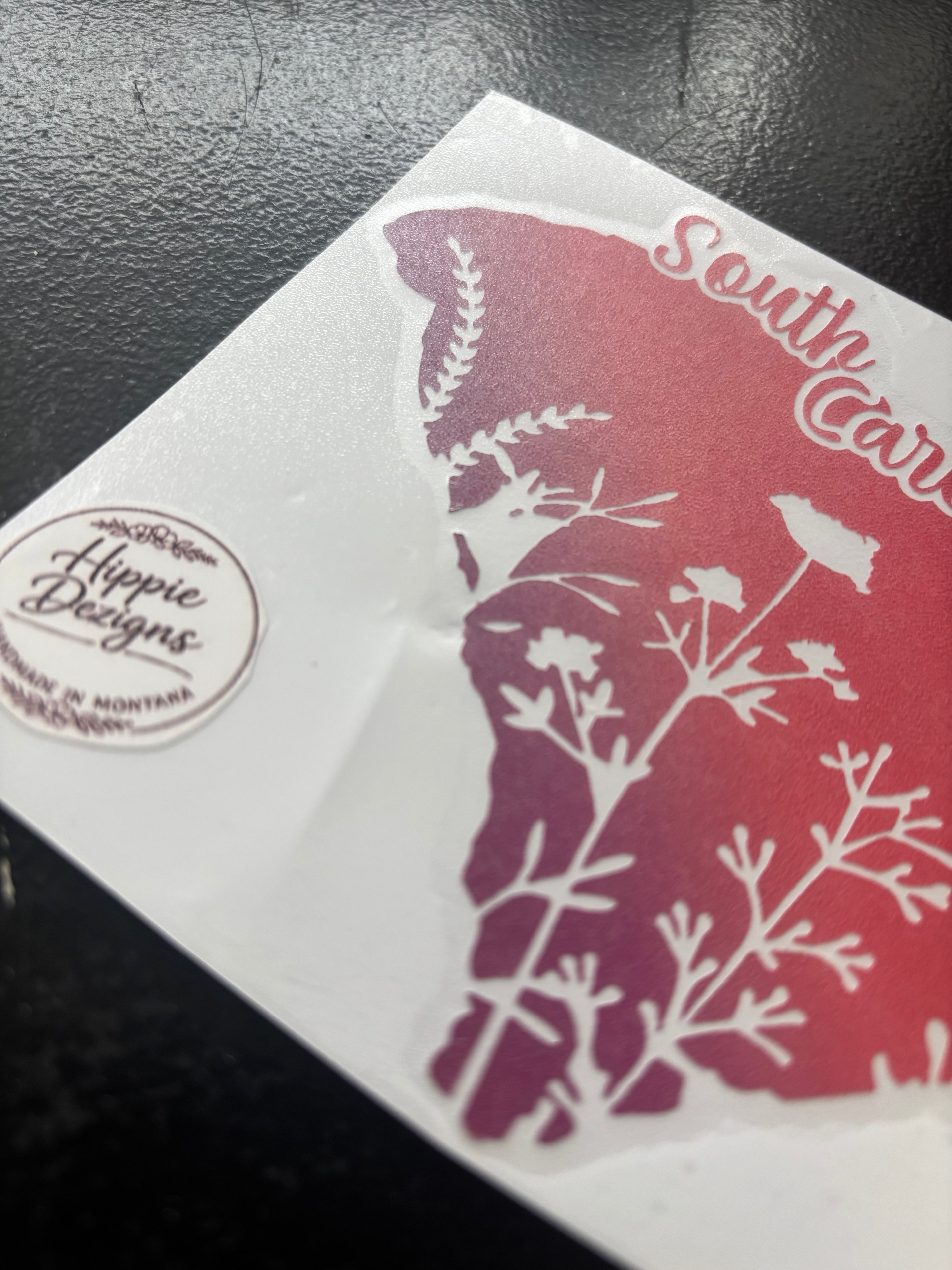 South Carolina Floral Vinyl Decal – Pink Purple Ombré State Wildflower Car Decal | Boho Aesthetic Laptop, Tumbler Sticker | Multiple Sizes & Colors