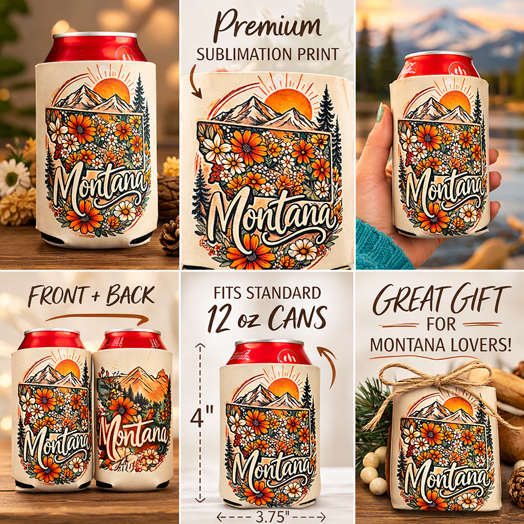 Montana Wildflower Mountain Can Koozie – Handmade Boho Montana Drink Sleeve | Insulated Neoprene Beer & Soda Holder | Montana Gift