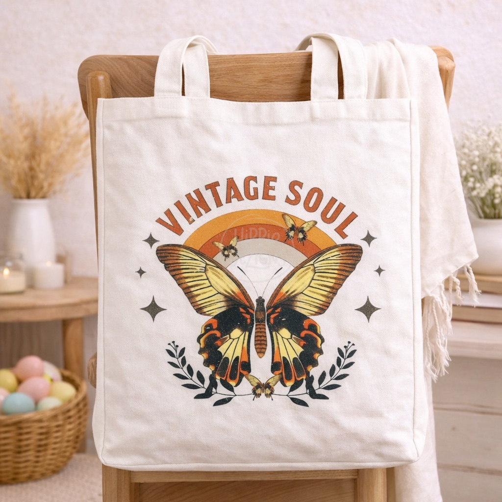 Vintage Soul Butterfly Canvas Tote Bag | Boho Retro Everyday Tote