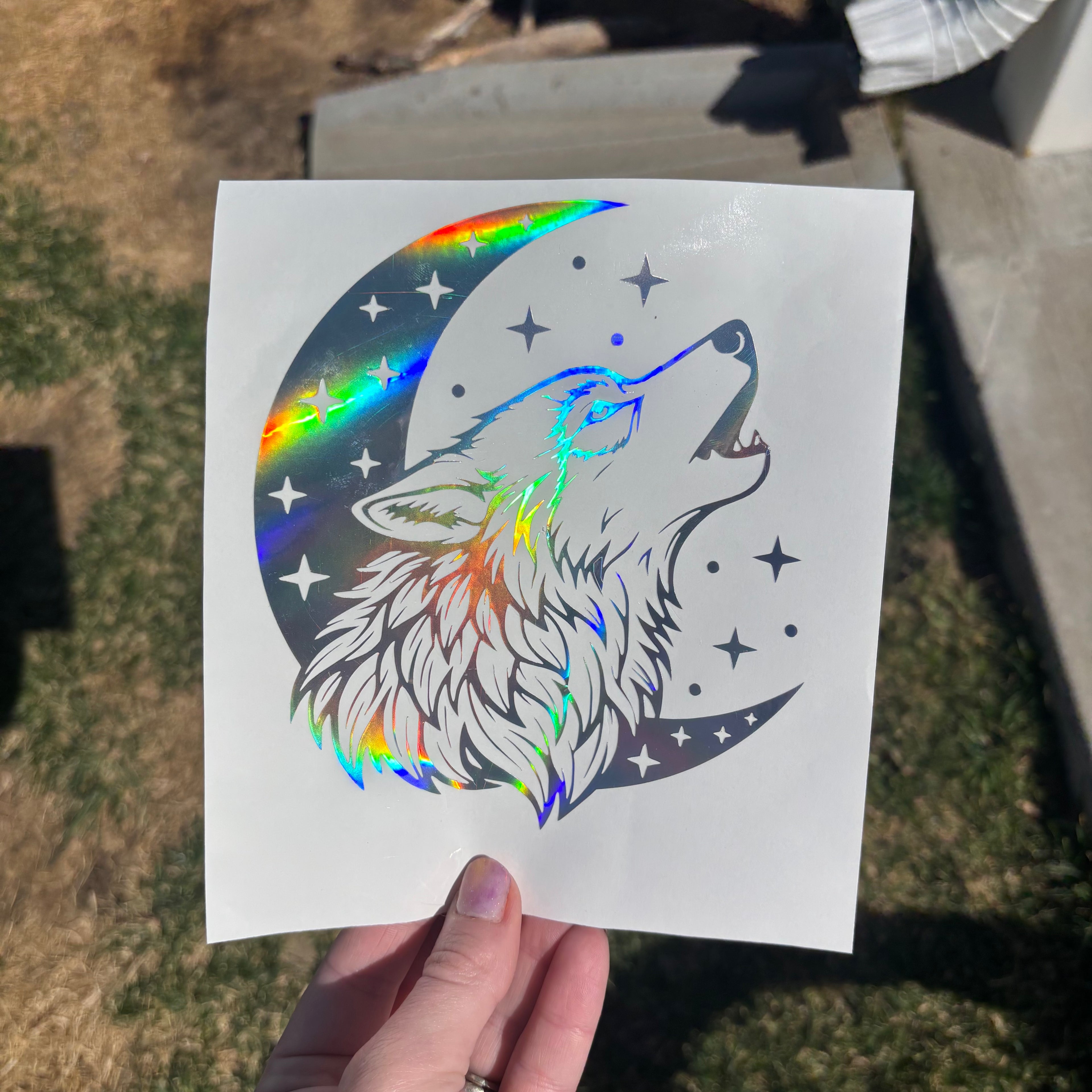 Holographic Howling Wolf Moon Decal – Celestial Wolf Vinyl Sticker – Car Window, Laptop, Tumbler Decal – Multiple Sizes & Colors