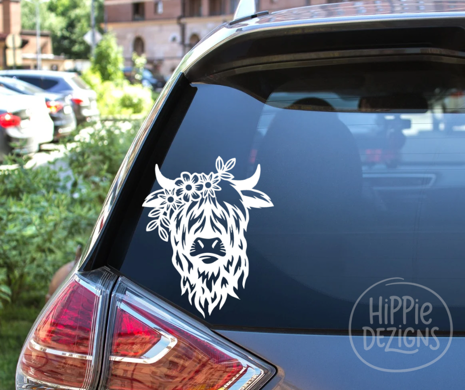 Boho Highland Cow Floral Vinyl Decal | Western Cow Car Decal | Cute Cow Sticker | Car Window Decal | Laptop | Tumbler | Multiple Sizes & Colors