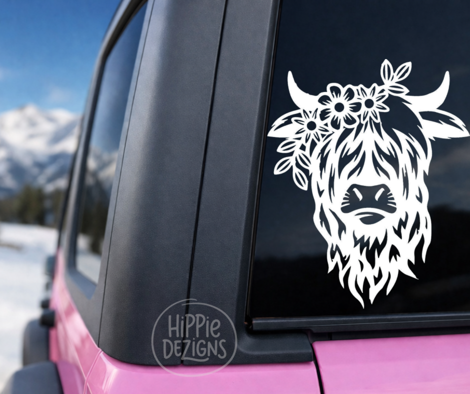Boho Highland Cow Floral Vinyl Decal | Western Cow Car Decal | Cute Cow Sticker | Car Window Decal | Laptop | Tumbler | Multiple Sizes & Colors