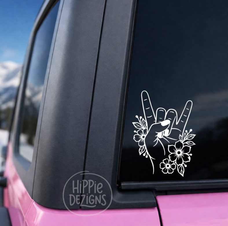 Boho Floral Rock Hand Decal | Hippie Hand Sign Car Window Sticker | Vinyl Decal | Multiple Sizes & Colors