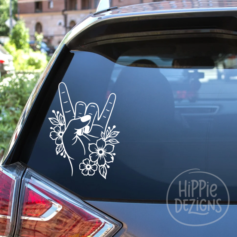 Boho Floral Rock Hand Decal | Hippie Hand Sign Car Window Sticker | Vinyl Decal | Multiple Sizes & Colors