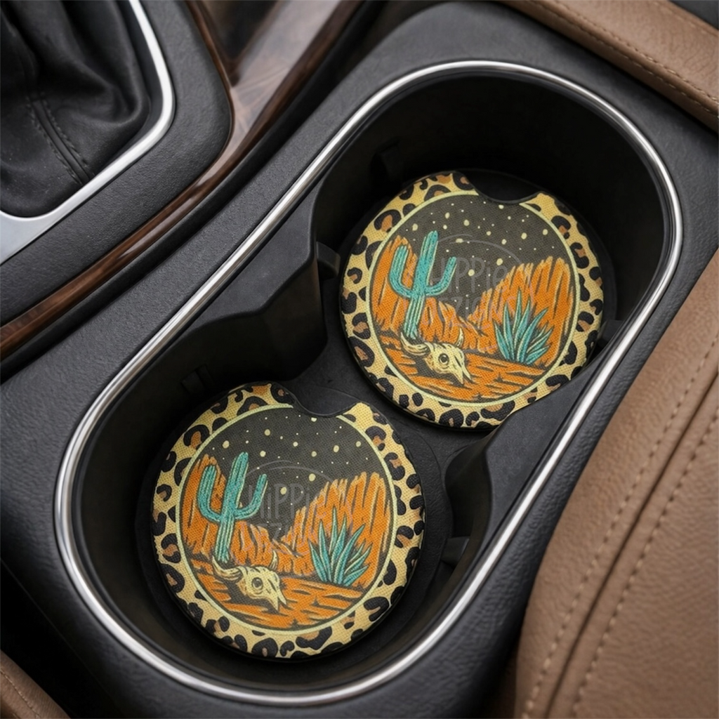 Boho Desert Car Coasters – Leopard Print Neoprene Cup Holder Coasters | Western Cactus Skull Design | Absorbent Car Accessories Set