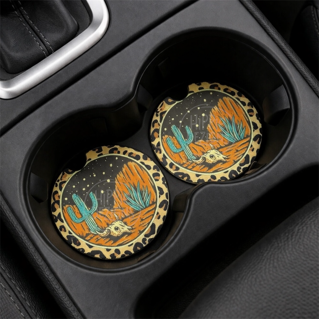 Boho Desert Car Coasters – Leopard Print Neoprene Cup Holder Coasters | Western Cactus Skull Design | Absorbent Car Accessories Set