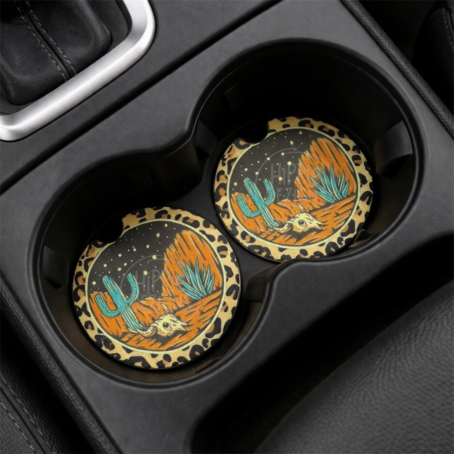Boho Desert Car Coasters – Leopard Print Neoprene Cup Holder Coasters | Western Cactus Skull Design | Absorbent Car Accessories Set