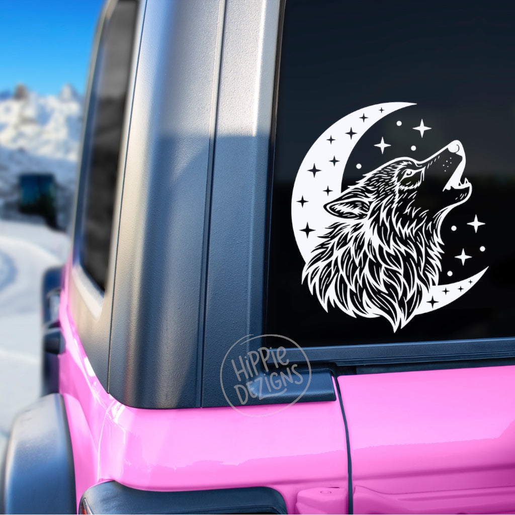 Holographic Howling Wolf Moon Decal – Celestial Wolf Vinyl Sticker – Car Window, Laptop, Tumbler Decal – Multiple Sizes & Colors