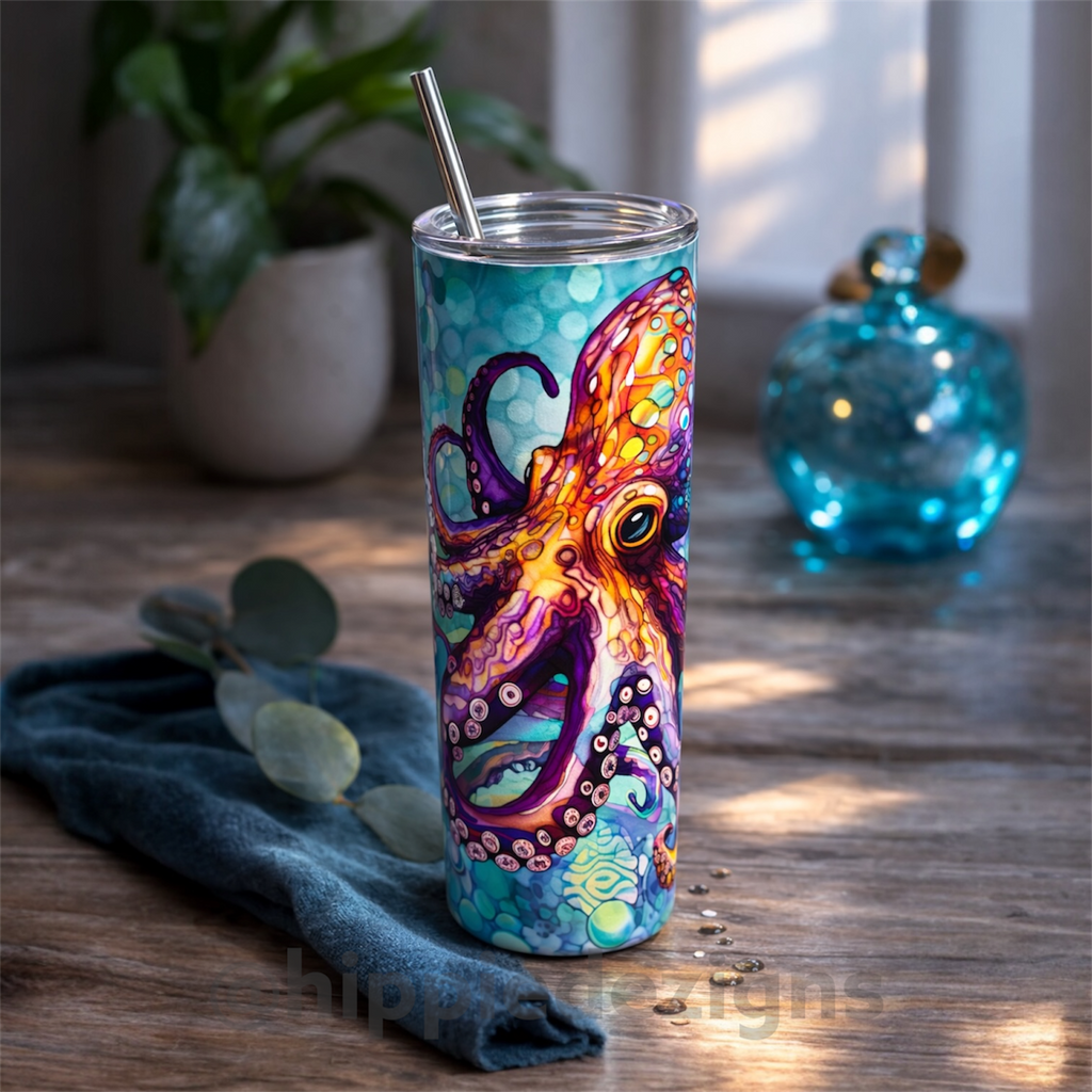 Colorful Octopus 20oz Straight Tumbler- Ocean Art Stainless Steel Cup with Metal Straw