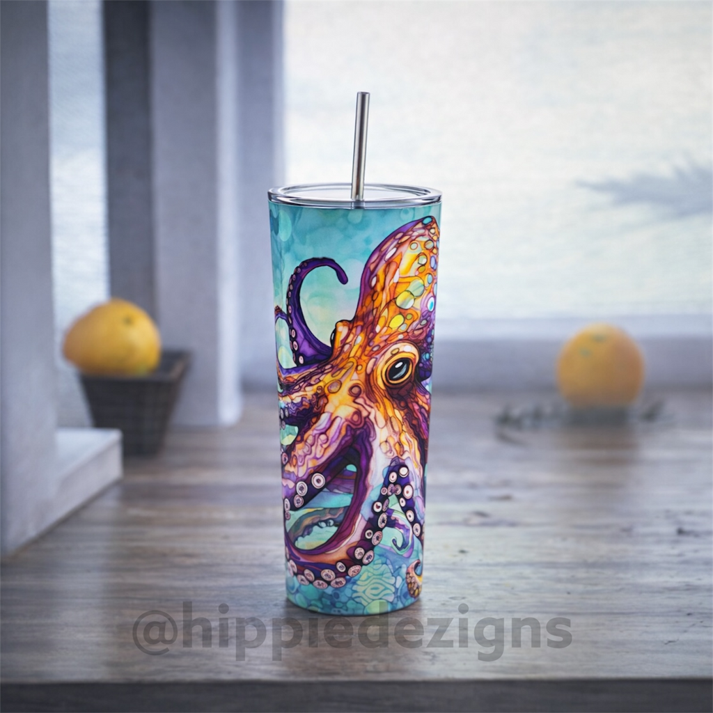 Colorful Octopus 20oz Straight Tumbler- Ocean Art Stainless Steel Cup with Metal Straw