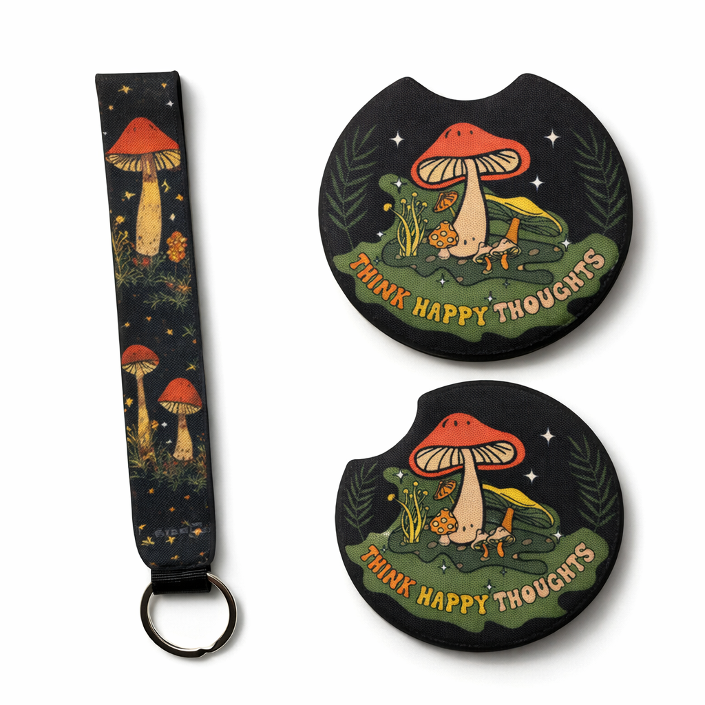 Boho Mushroom Car Coaster Set with Matching Wristlet Keychain | Handmade Neoprene Car Coasters | Think Happy Thoughts Car Accessories