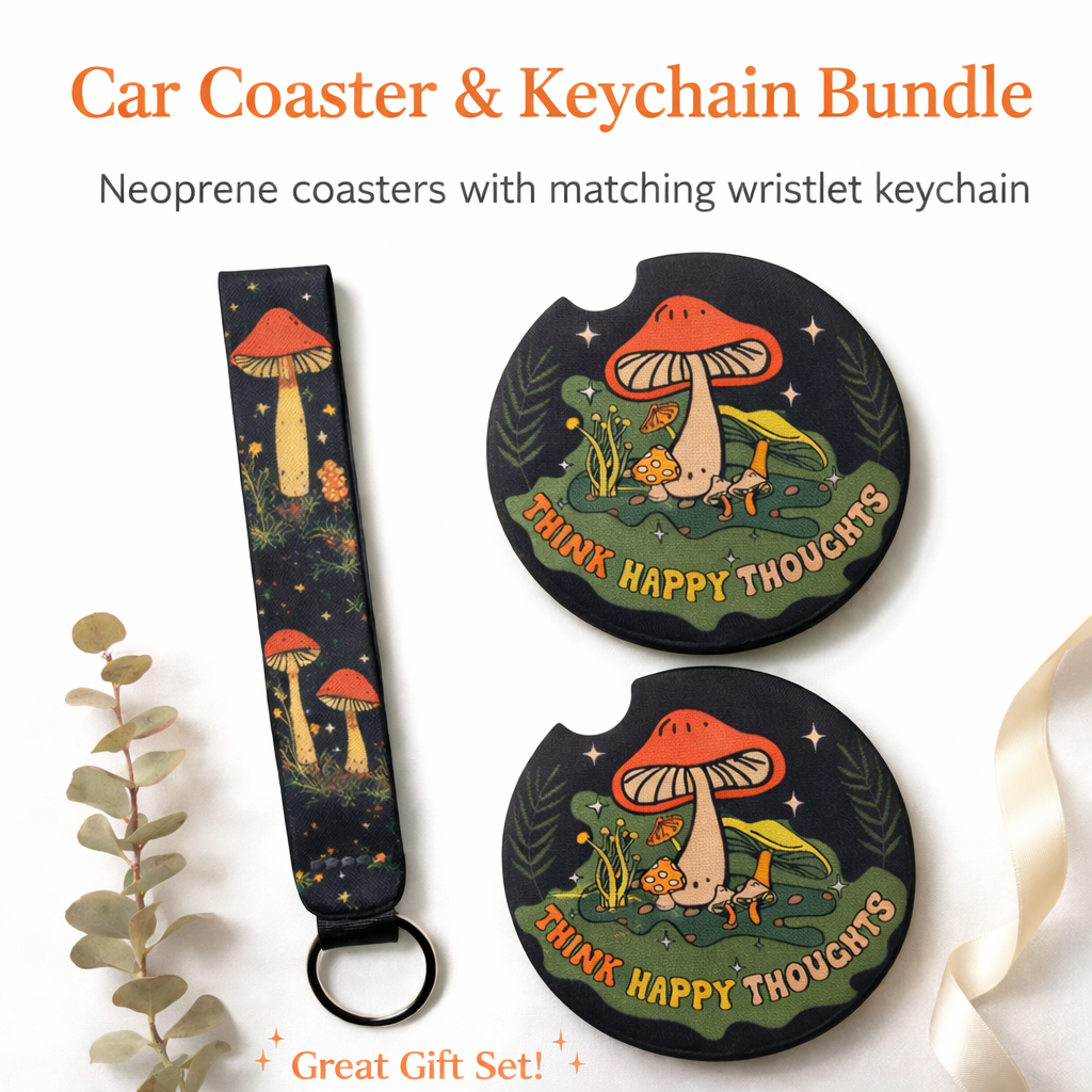 Boho Mushroom Car Coaster Set with Matching Wristlet Keychain | Handmade Neoprene Car Coasters | Think Happy Thoughts Car Accessories