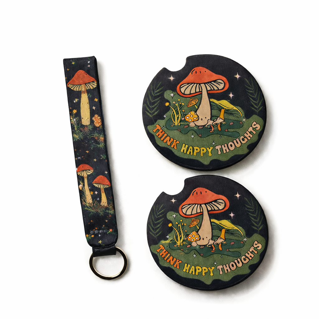 Boho Mushroom Car Coaster Set with Matching Wristlet Keychain | Handmade Neoprene Car Coasters | Think Happy Thoughts Car Accessories