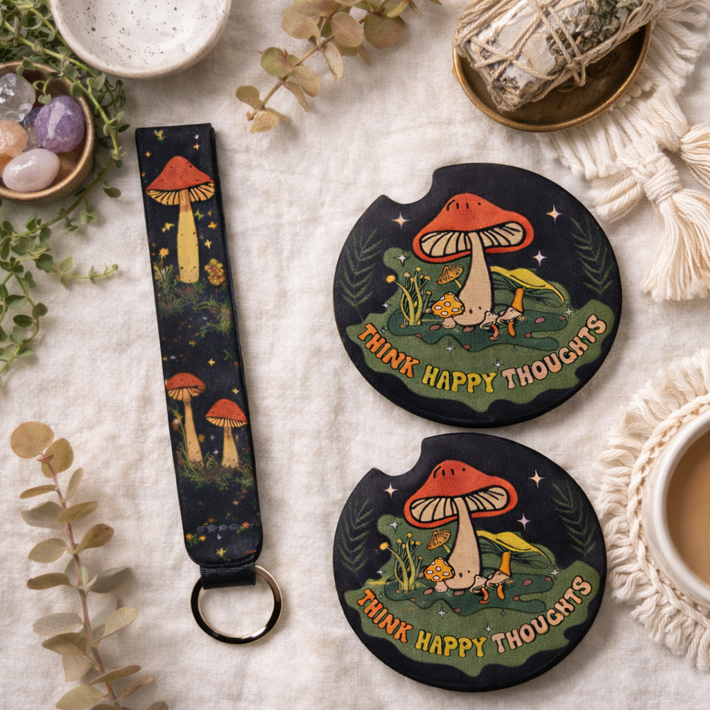 Boho Mushroom Car Coaster Set with Matching Wristlet Keychain | Handmade Neoprene Car Coasters | Think Happy Thoughts Car Accessories