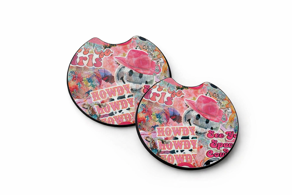 Cowgirl Howdy Car Coasters – Cute Western Neoprene Cup Holder Coasters | Absorbent Car Accessories (Set of 2)