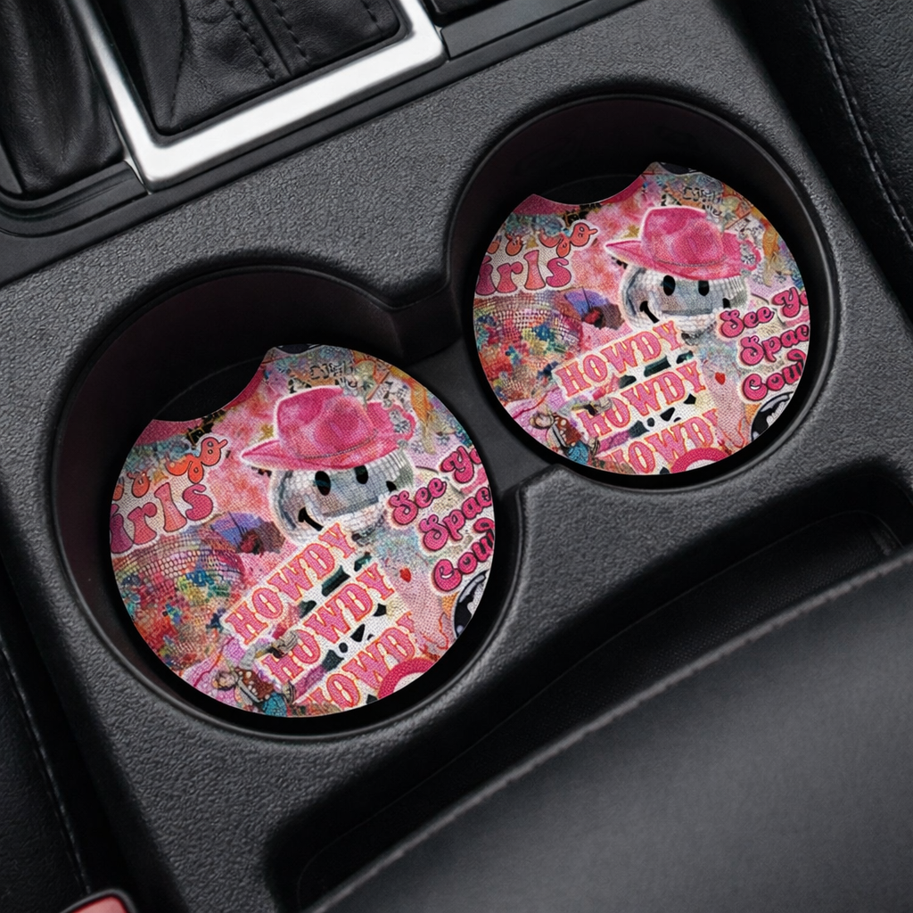 Cowgirl Howdy Car Coasters – Cute Western Neoprene Cup Holder Coasters | Absorbent Car Accessories (Set of 2)