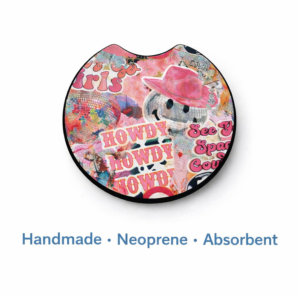 Cowgirl Howdy Car Coasters – Cute Western Neoprene Cup Holder Coasters | Absorbent Car Accessories (Set of 2)