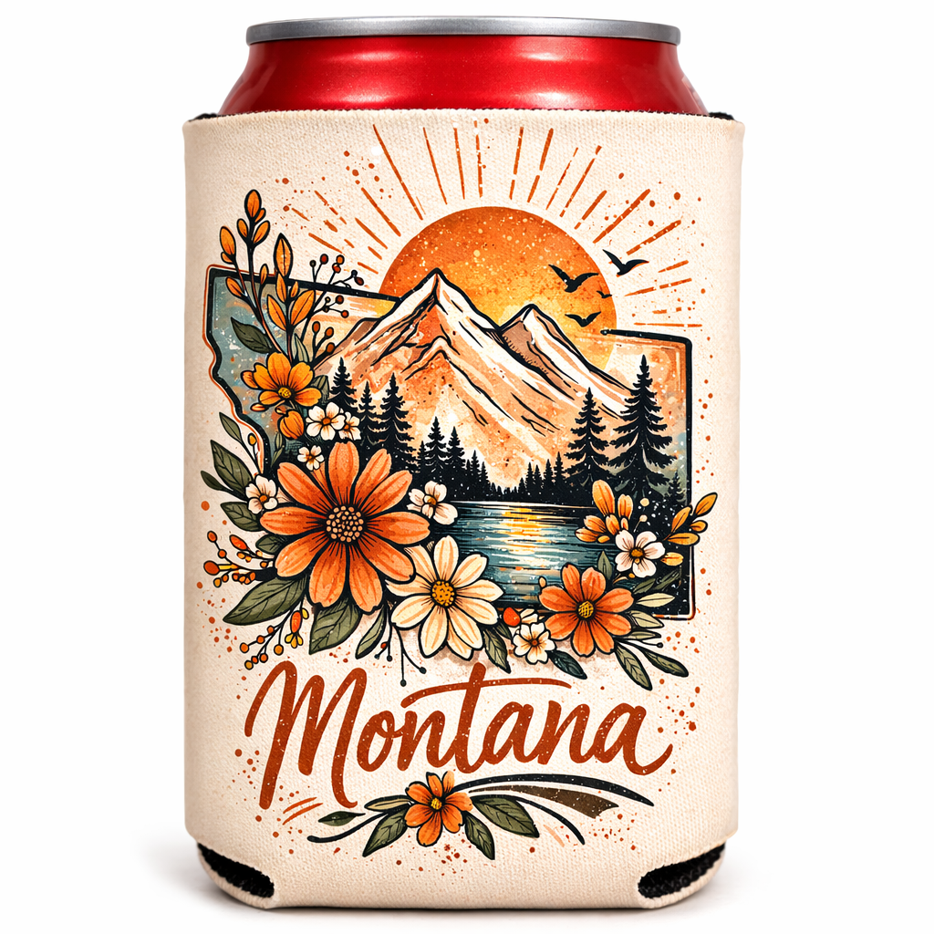 Montana Wildflower Mountain Can Koozie – Handmade Boho Montana Drink Sleeve | Insulated Neoprene Beer & Soda Holder | Montana Gift
