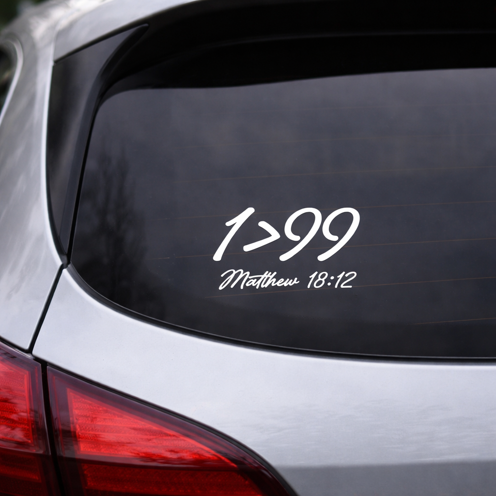 1 > 99 Christian Vinyl Decal – Matthew 18:12 Bible Verse Car Window Sticker | Faith-Based Vinyl Decal | Christian Gift