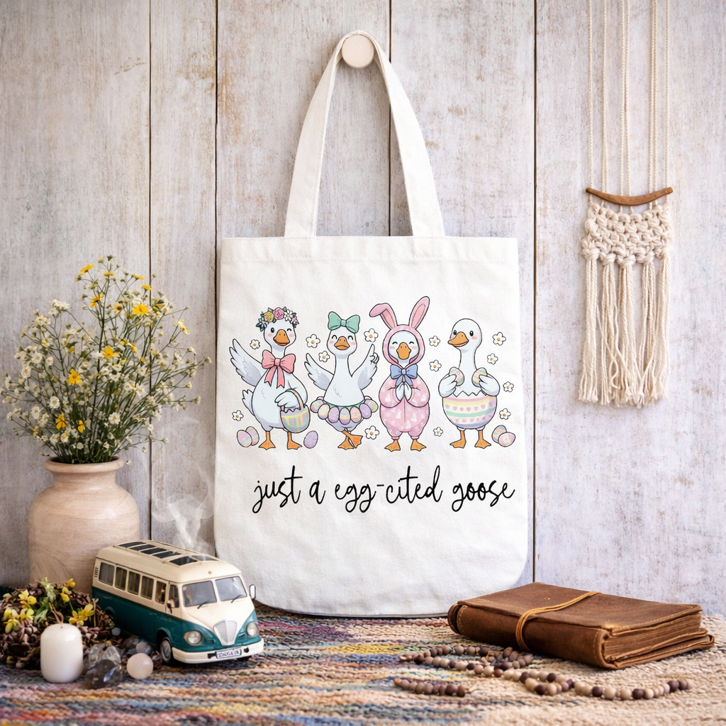 Just a Egg-cited Goose Tote Bag | Cute Easter Goose Tote | Funny Spring Market Bag | Boho Bunny Canvas Tote