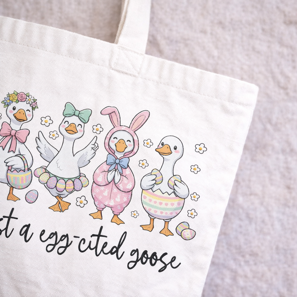 Just a Egg-cited Goose Tote Bag | Cute Easter Goose Tote | Funny Spring Market Bag | Boho Bunny Canvas Tote
