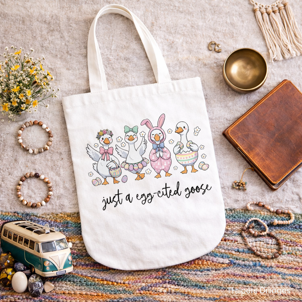 Just a Egg-cited Goose Tote Bag | Cute Easter Goose Tote | Funny Spring Market Bag | Boho Bunny Canvas Tote