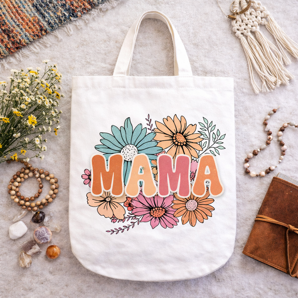 Boho MAMA Floral Tote Bag | Retro Mom Gift | Cute Everyday Canvas Bag | Hippie Style Market Tote